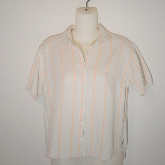 Obey Crop Shirt Sz XS Button Down Striped Relaxed Fit Minimalist Neutral Preppy - Picture 1 of 8